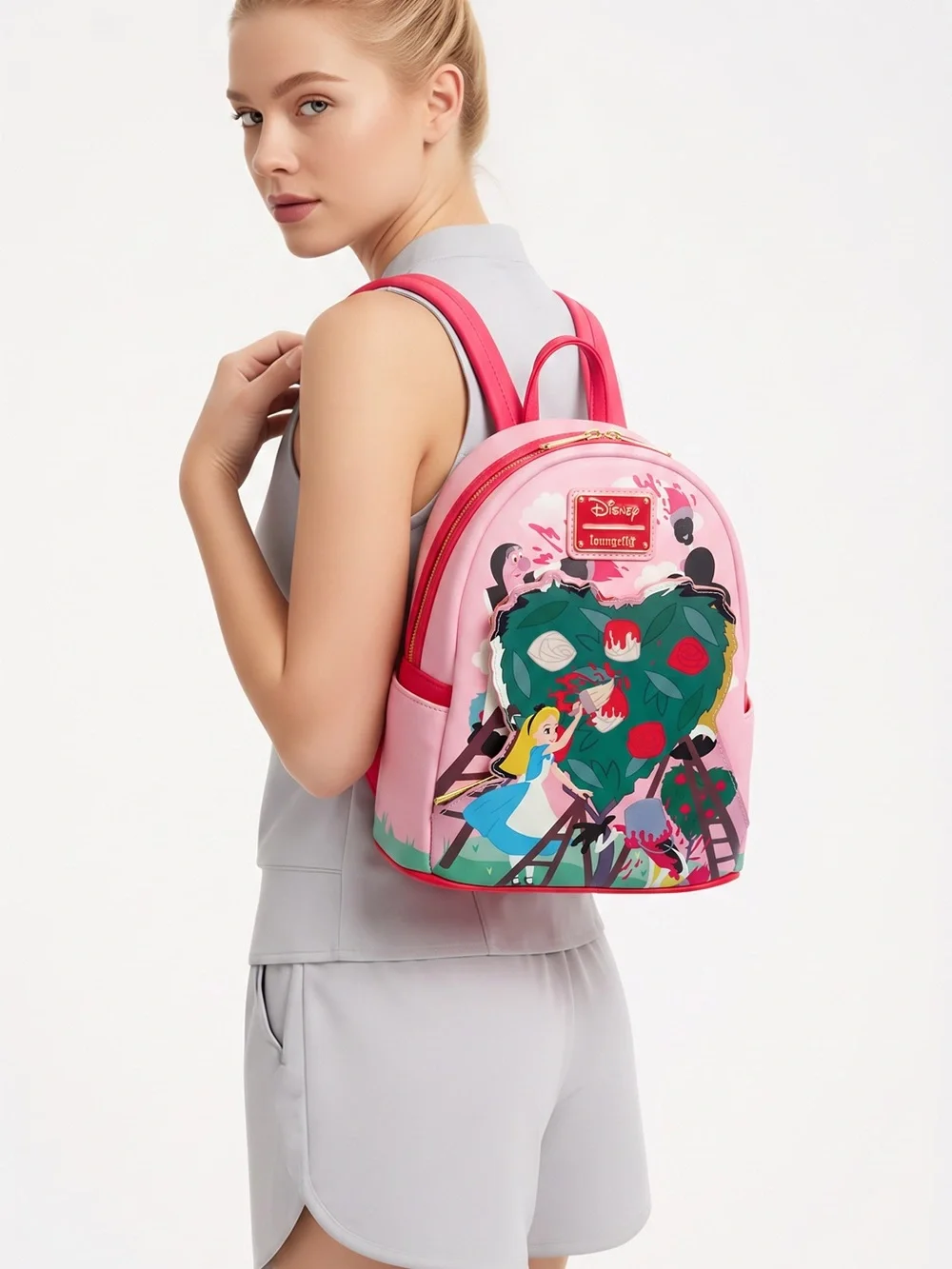 Loungefly Pink Alice in Wonderland Mini Backpack with Green & Red Accents